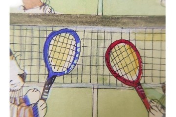 真作　ダイアン・エルソン(Diane Elson)　テニスを楽しむ猫たちを描いた水彩画　サイン入り　外箱付き　(R-088576)