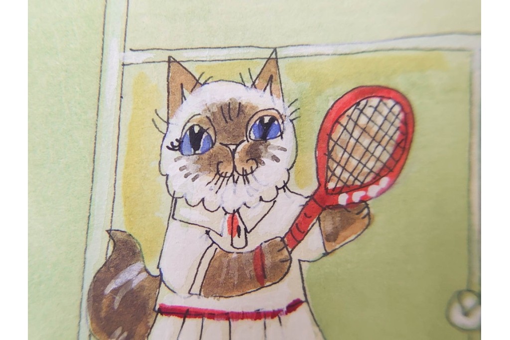 真作　ダイアン・エルソン(Diane Elson)　テニスを楽しむ猫たちを描いた水彩画　サイン入り　外箱付き　(R-088576)