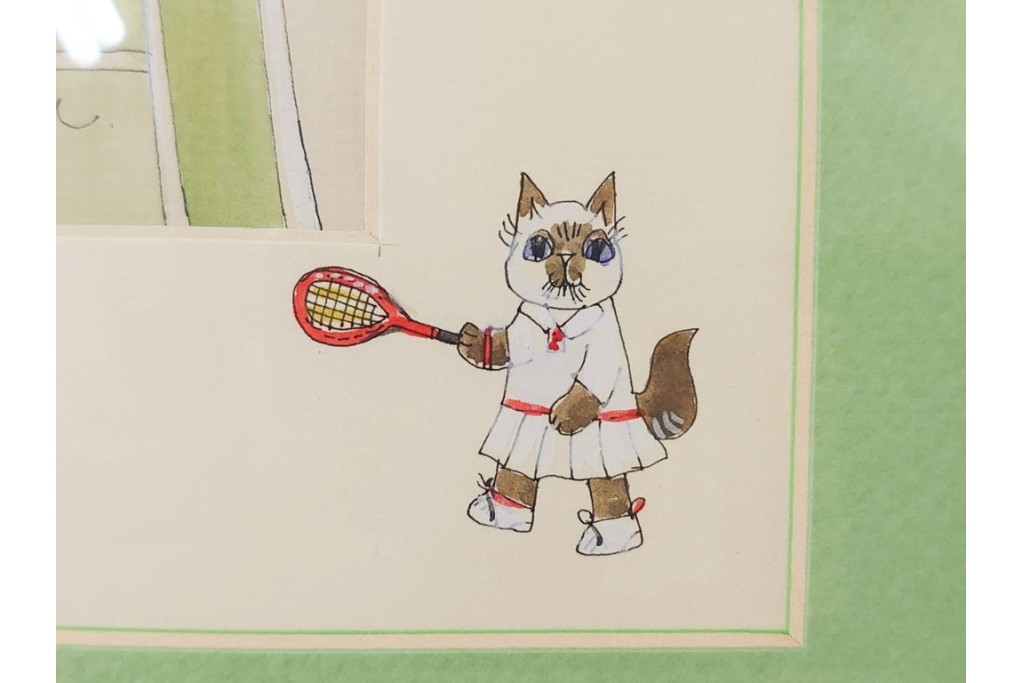 真作　ダイアン・エルソン(Diane Elson)　テニスを楽しむ猫たちを描いた水彩画　サイン入り　外箱付き　(R-088576)