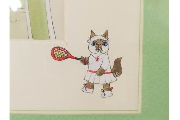 真作　ダイアン・エルソン(Diane Elson)　テニスを楽しむ猫たちを描いた水彩画　サイン入り　外箱付き　(R-088576)