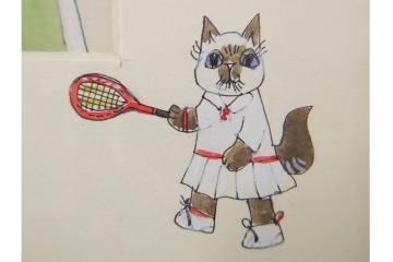 真作　ダイアン・エルソン(Diane Elson)　テニスを楽しむ猫たちを描いた水彩画　サイン入り　外箱付き　(R-088576)