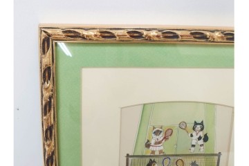 真作　ダイアン・エルソン(Diane Elson)　テニスを楽しむ猫たちを描いた水彩画　サイン入り　外箱付き　(R-088576)