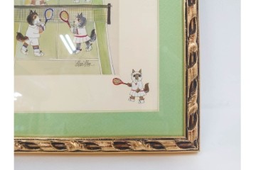 真作　ダイアン・エルソン(Diane Elson)　テニスを楽しむ猫たちを描いた水彩画　サイン入り　外箱付き　(R-088576)