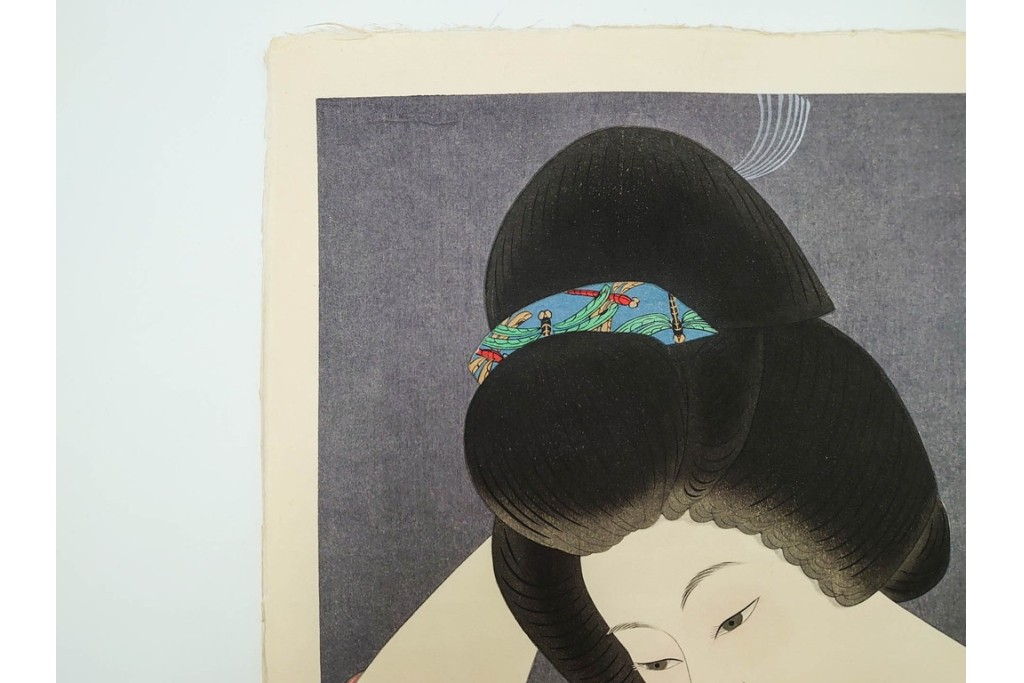 真作　昭和55年6月作　神保朋世　「静夜」　うつむく女性を描いた木版画　(R-088581)