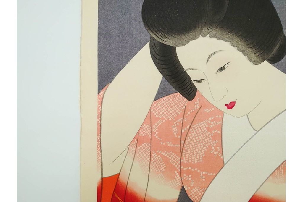 真作　昭和55年6月作　神保朋世　「静夜」　うつむく女性を描いた木版画　(R-088581)