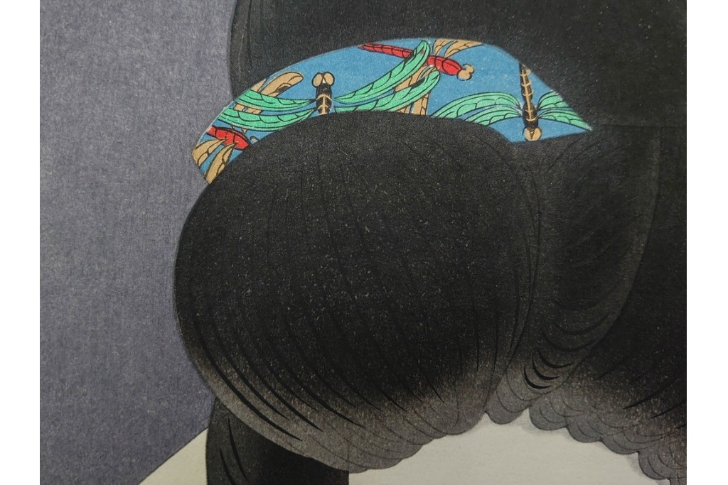 真作　昭和55年6月作　神保朋世　「静夜」　うつむく女性を描いた木版画　(R-088581)