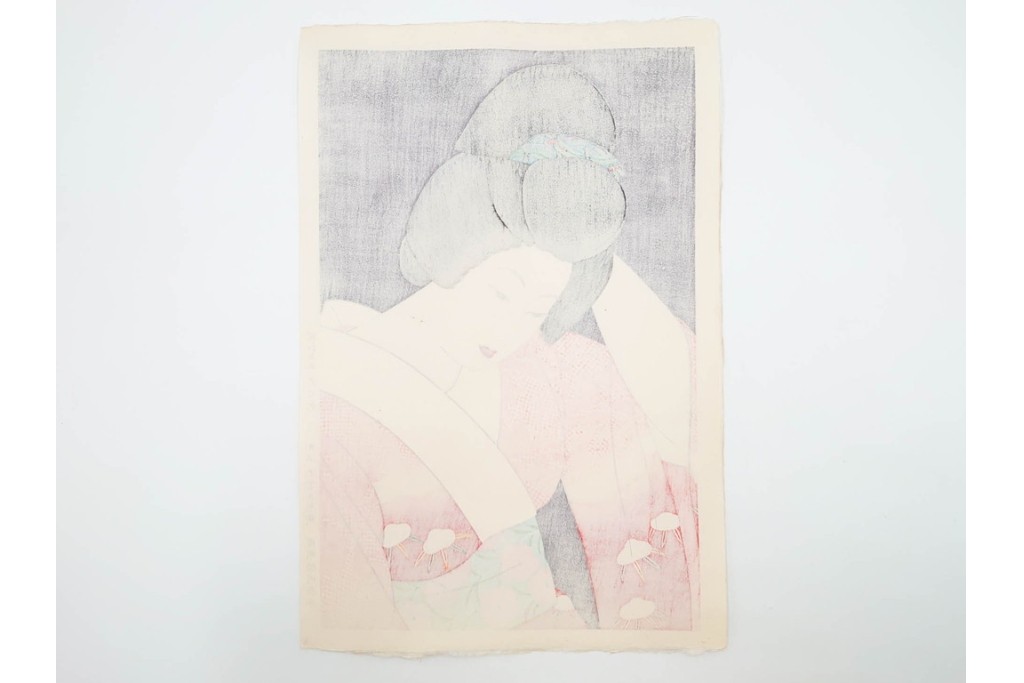真作　昭和55年6月作　神保朋世　「静夜」　うつむく女性を描いた木版画　(R-088581)