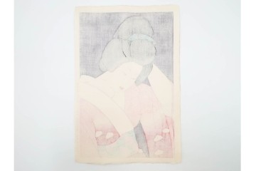 真作　昭和55年6月作　神保朋世　「静夜」　うつむく女性を描いた木版画　(R-088581)