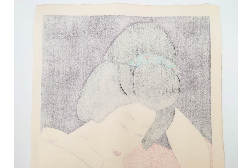 真作　昭和55年6月作　神保朋世　「静夜」　うつむく女性を描いた木版画　(R-088581)