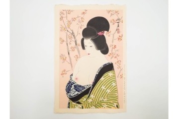 真作　昭和56年3月作　神保朋世　「あたたか」　可憐な梅花と女性を描いた木版画　(R-088582)