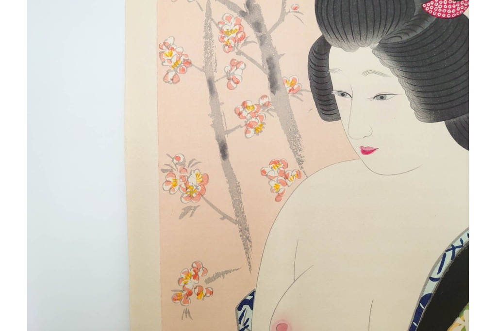 真作　昭和56年3月作　神保朋世　「あたたか」　可憐な梅花と女性を描いた木版画　(R-088582)