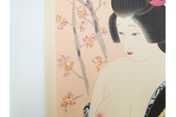 真作　昭和56年3月作　神保朋世　「あたたか」　可憐な梅花と女性を描いた木版画　(R-088582)