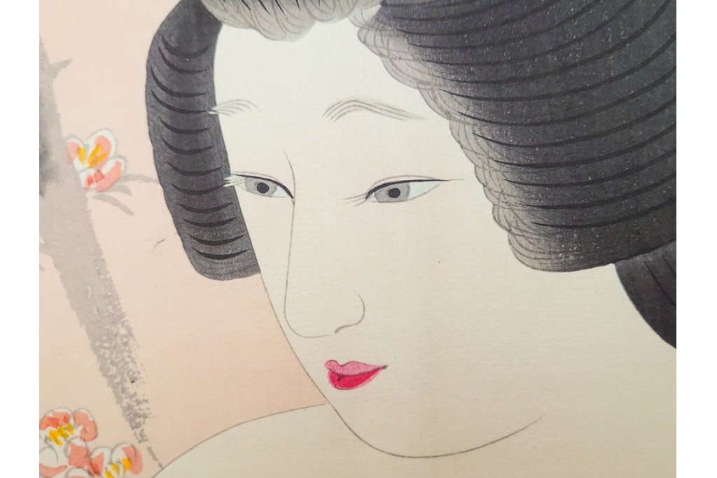 真作　昭和56年3月作　神保朋世　「あたたか」　可憐な梅花と女性を描いた木版画　(R-088582)
