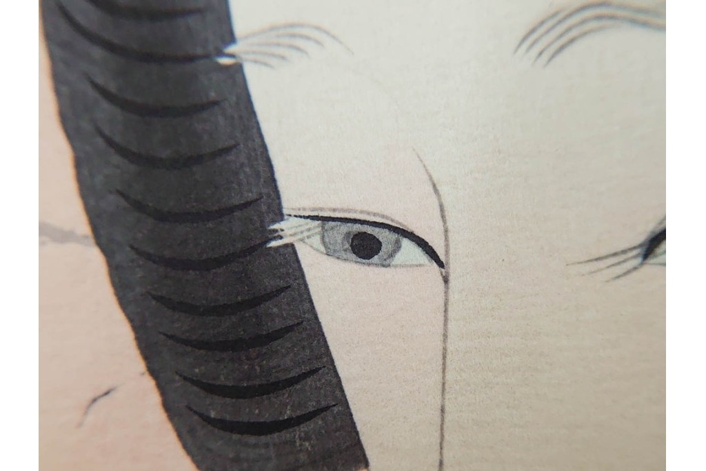 真作　昭和56年3月作　神保朋世　「あたたか」　可憐な梅花と女性を描いた木版画　(R-088582)