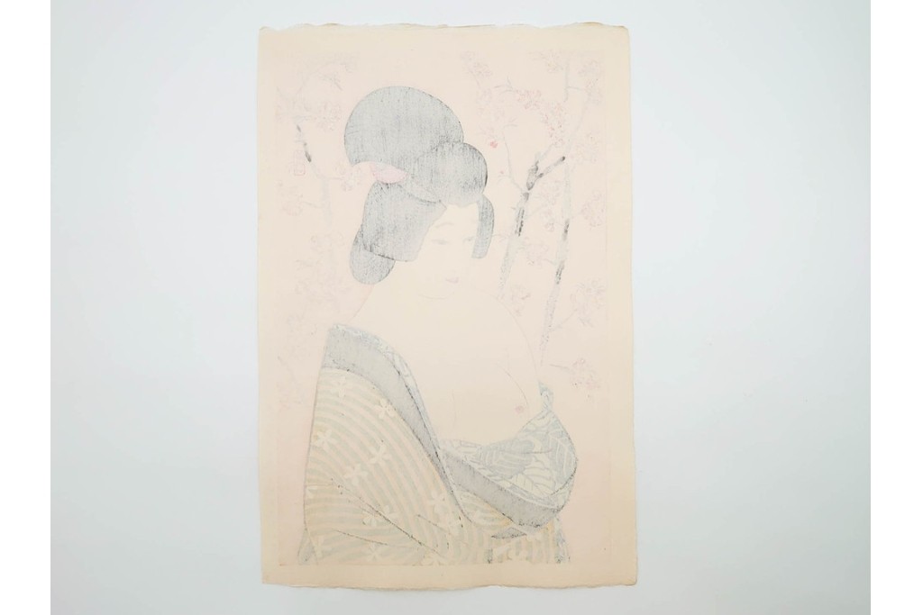 真作　昭和56年3月作　神保朋世　「あたたか」　可憐な梅花と女性を描いた木版画　(R-088582)