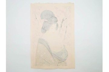 真作　昭和56年3月作　神保朋世　「あたたか」　可憐な梅花と女性を描いた木版画　(R-088582)