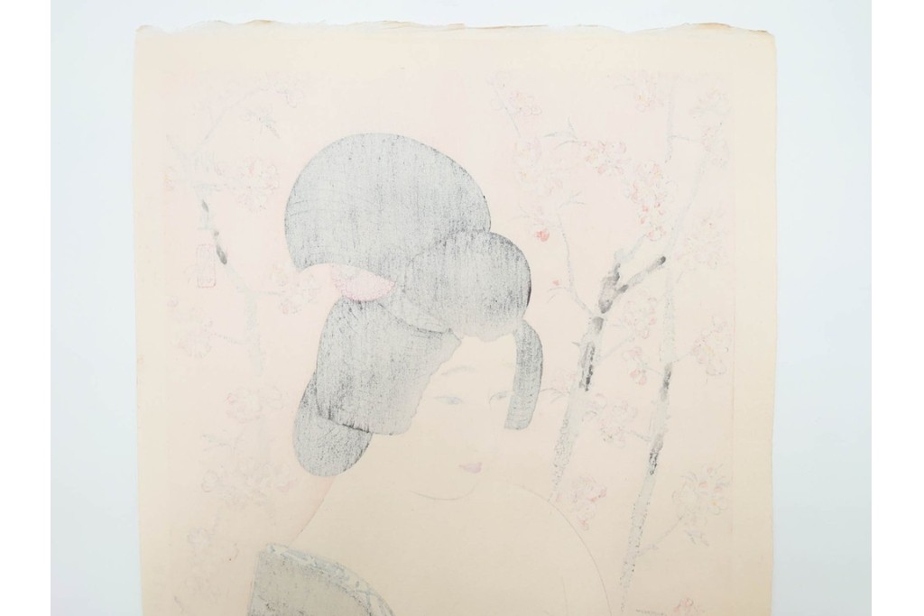 真作　昭和56年3月作　神保朋世　「あたたか」　可憐な梅花と女性を描いた木版画　(R-088582)
