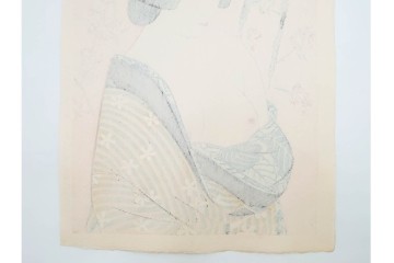 真作　昭和56年3月作　神保朋世　「あたたか」　可憐な梅花と女性を描いた木版画　(R-088582)