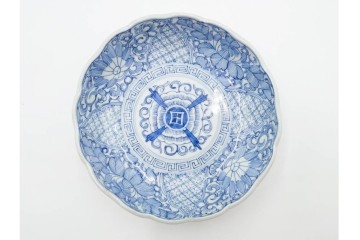 江戸期　古伊万里　染付　直径約15cm(5寸)　線描の花唐草文が美しいなます皿2枚セット　(R-088584)