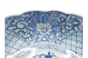 江戸期　古伊万里　染付　直径約15cm(5寸)　線描の花唐草文が美しいなます皿2枚セット　(R-088584)