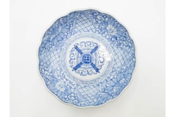 江戸期　古伊万里　染付　直径約15cm(5寸)　線描の花唐草文が美しいなます皿2枚セット　(R-088584)