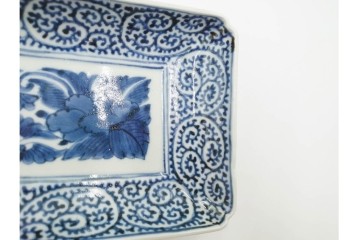 江戸期　古伊万里　染付　蛸唐草文・見込牡丹図　繊細な絵付けが目を引く長皿3枚セット　(R-088587)