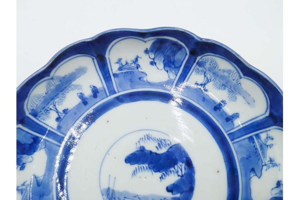 江戸期　古伊万里　染付・芙蓉手　直径約17cm(5.6寸)　上品な輪花型の中皿5枚セット　(R-088589)