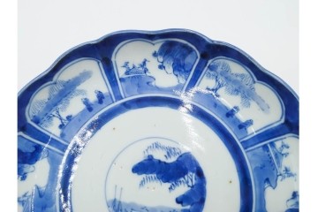 江戸期　古伊万里　染付・芙蓉手　直径約17cm(5.6寸)　上品な輪花型の中皿5枚セット　(R-088589)