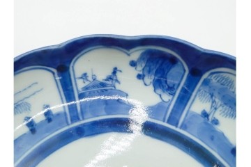 江戸期　古伊万里　染付・芙蓉手　直径約17cm(5.6寸)　上品な輪花型の中皿5枚セット　(R-088589)
