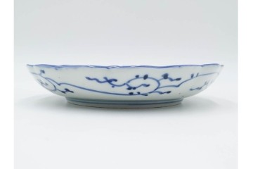 江戸期　古伊万里　染付・芙蓉手　直径約17cm(5.6寸)　上品な輪花型の中皿5枚セット　(R-088589)