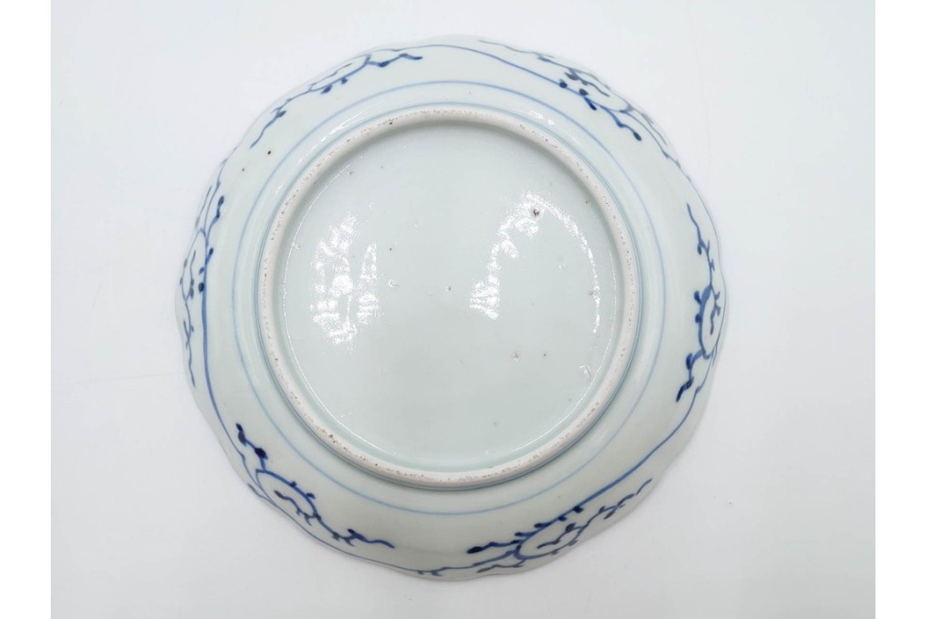 江戸期　古伊万里　染付・芙蓉手　直径約17cm(5.6寸)　上品な輪花型の中皿5枚セット　(R-088589)