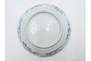 江戸期　古伊万里　染付・芙蓉手　直径約17cm(5.6寸)　上品な輪花型の中皿5枚セット　(R-088589)