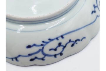 江戸期　古伊万里　染付・芙蓉手　直径約17cm(5.6寸)　上品な輪花型の中皿5枚セット　(R-088589)