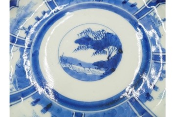 江戸期　古伊万里　染付・芙蓉手　直径約17cm(5.6寸)　上品な輪花型の中皿5枚セット　(R-088589)