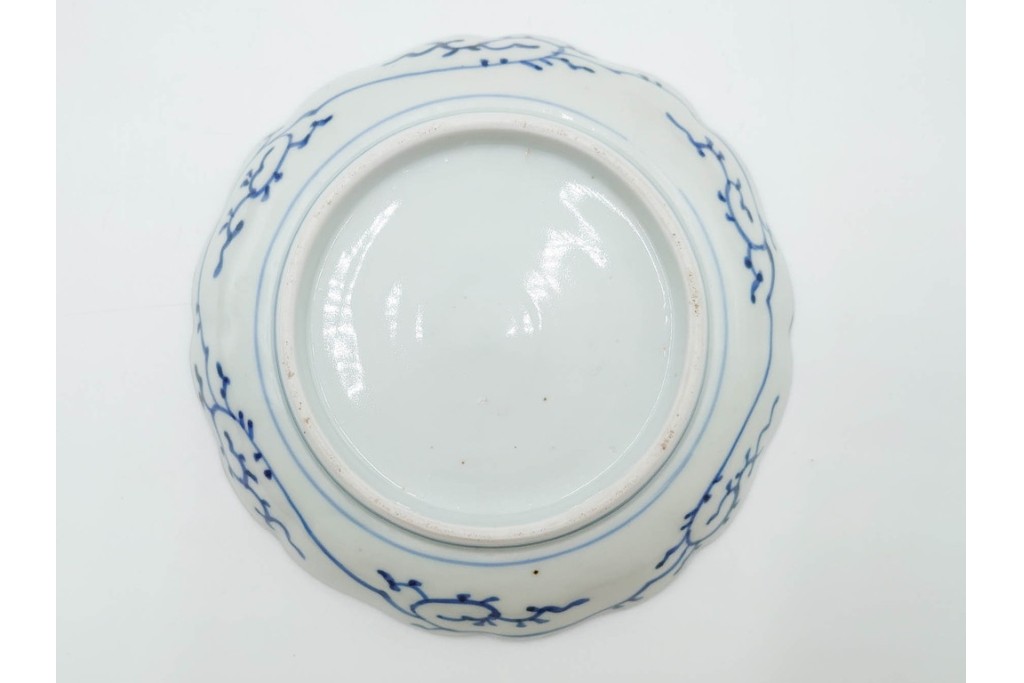 江戸期　古伊万里　染付・芙蓉手　直径約17cm(5.6寸)　上品な輪花型の中皿5枚セット　(R-088589)