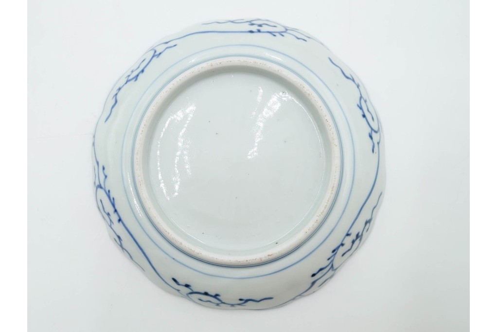 江戸期　古伊万里　染付・芙蓉手　直径約17cm(5.6寸)　上品な輪花型の中皿5枚セット　(R-088589)