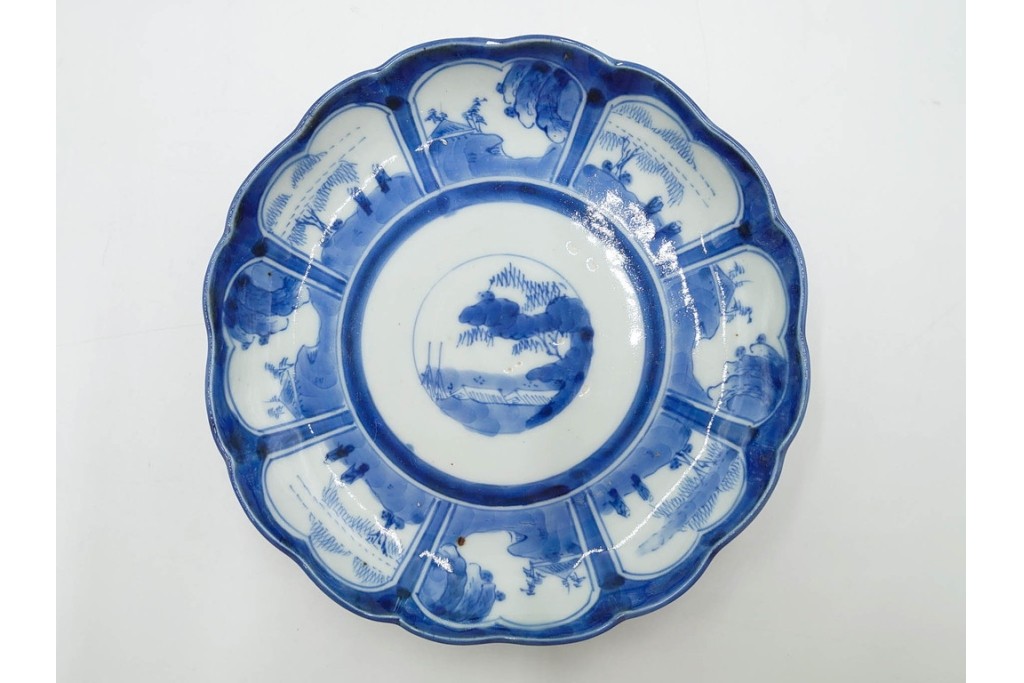 江戸期　古伊万里　染付・芙蓉手　直径約17cm(5.6寸)　上品な輪花型の中皿5枚セット　(R-088589)