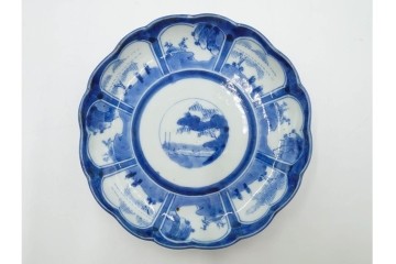 江戸期　古伊万里　染付・芙蓉手　直径約17cm(5.6寸)　上品な輪花型の中皿5枚セット　(R-088589)