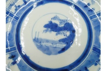 江戸期　古伊万里　染付・芙蓉手　直径約17cm(5.6寸)　上品な輪花型の中皿5枚セット　(R-088589)