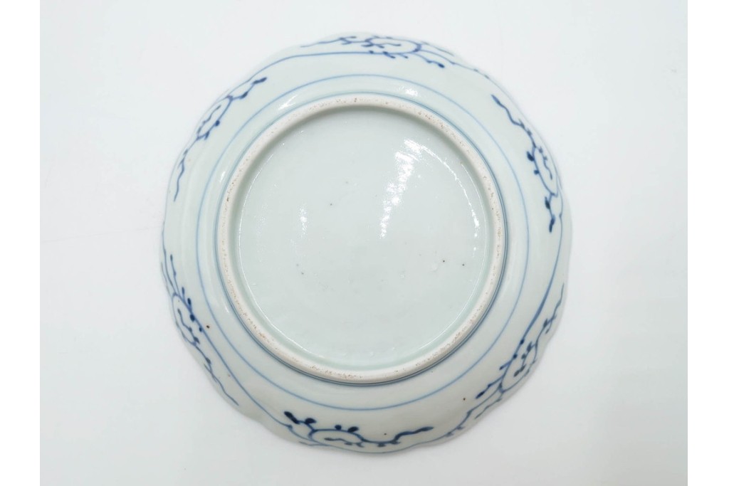 江戸期　古伊万里　染付・芙蓉手　直径約17cm(5.6寸)　上品な輪花型の中皿5枚セット　(R-088589)