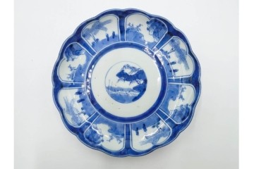 江戸期　古伊万里　染付・芙蓉手　直径約17cm(5.6寸)　上品な輪花型の中皿5枚セット　(R-088589)