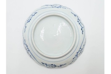 江戸期　古伊万里　染付・芙蓉手　直径約17cm(5.6寸)　上品な輪花型の中皿5枚セット　(R-088589)