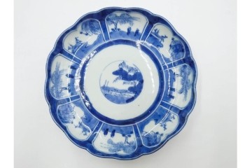 江戸期　古伊万里　染付・芙蓉手　直径約17cm(5.6寸)　上品な輪花型の中皿5枚セット　(R-088590)