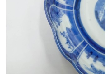 江戸期　古伊万里　染付・芙蓉手　直径約17cm(5.6寸)　上品な輪花型の中皿5枚セット　(R-088590)