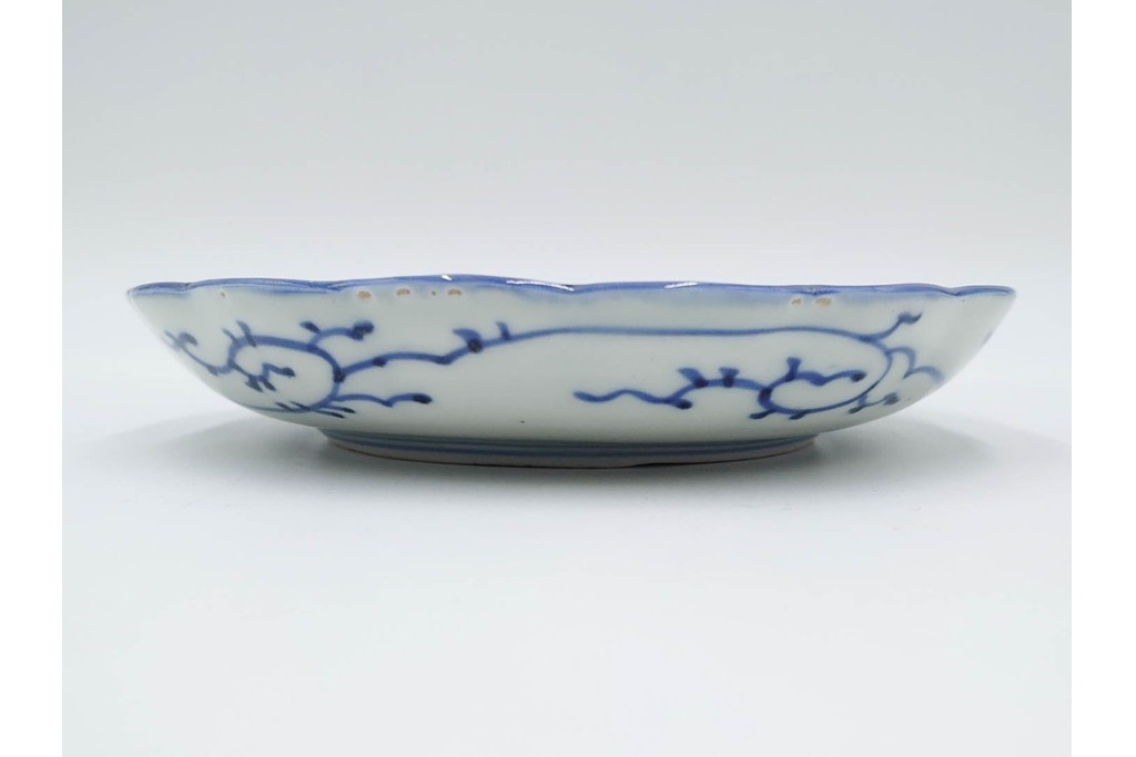 江戸期　古伊万里　染付・芙蓉手　直径約17cm(5.6寸)　上品な輪花型の中皿5枚セット　(R-088590)