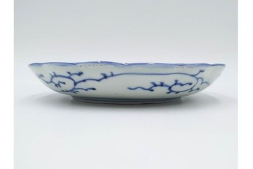江戸期　古伊万里　染付・芙蓉手　直径約17cm(5.6寸)　上品な輪花型の中皿5枚セット　(R-088590)