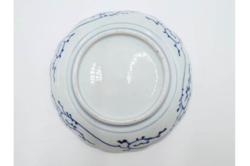 江戸期　古伊万里　染付・芙蓉手　直径約17cm(5.6寸)　上品な輪花型の中皿5枚セット　(R-088590)
