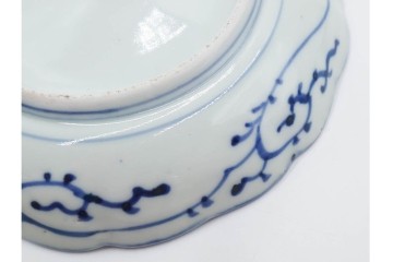 江戸期　古伊万里　染付・芙蓉手　直径約17cm(5.6寸)　上品な輪花型の中皿5枚セット　(R-088590)