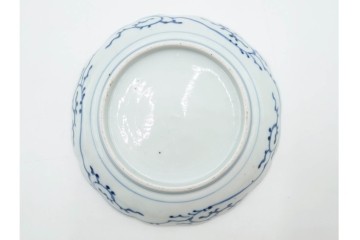 江戸期　古伊万里　染付・芙蓉手　直径約17cm(5.6寸)　上品な輪花型の中皿5枚セット　(R-088590)