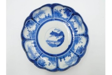 江戸期　古伊万里　染付・芙蓉手　直径約17cm(5.6寸)　上品な輪花型の中皿5枚セット　(R-088590)
